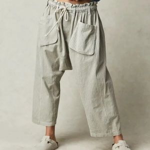 M Free People Runyon Oversize Ivory Sky Blue Stripe Harem  Drawstring Pants NWOT
